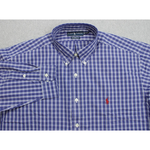 Ralph Lauren Dress Shirt Mens XL (17) Plaid 100% Cotton Button Down Red Pony NWT